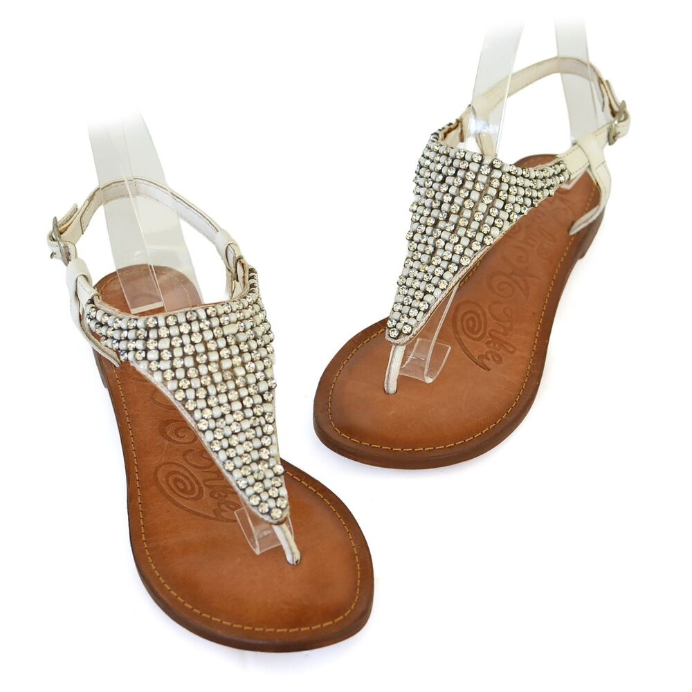 NAUGHTY MONKEY Leather Slingback Sandals Sz 6.5 White Beaded Toe Post Flat Shoe
